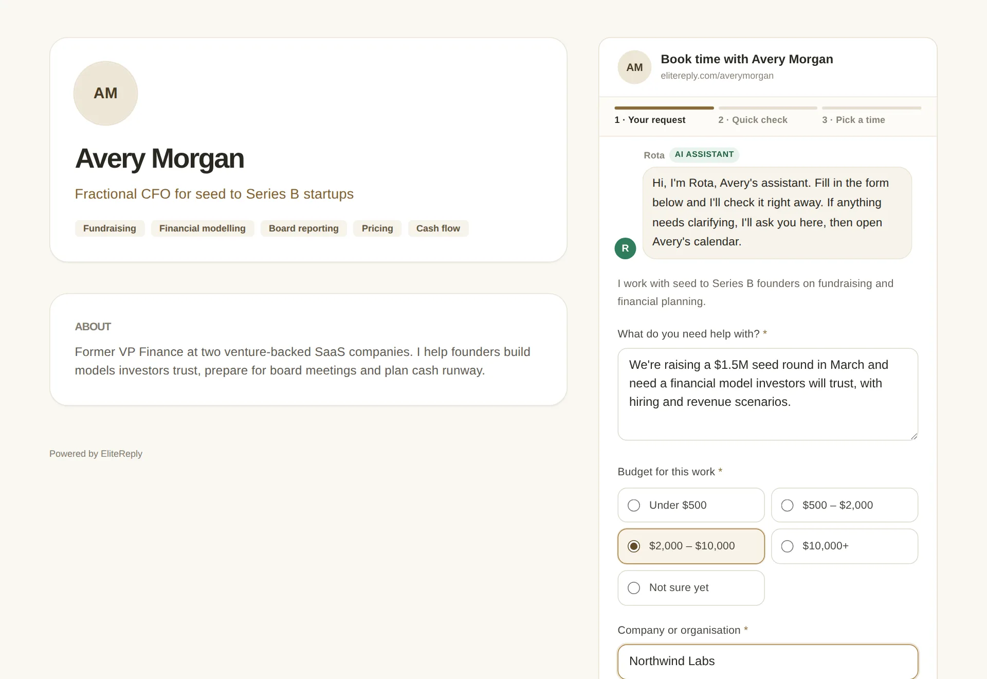 Avery Morgan's booking page with a client's request typed in, a $2,000 – $10,000 budget selected and a company filled in.