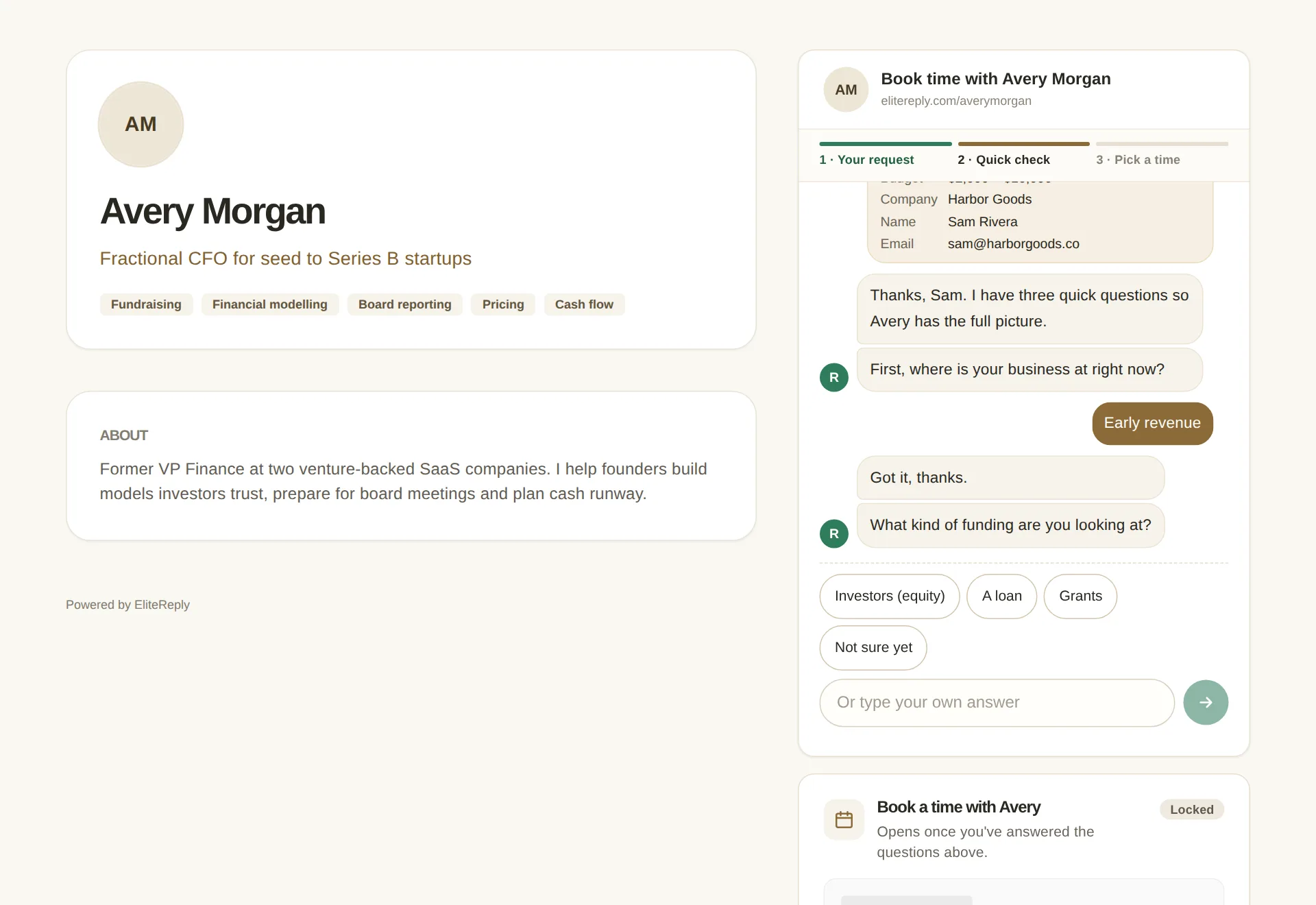 Avery Morgan's booking page: Rota, the AI assistant, asks Sam Rivera three quick questions about funding, with suggested answers to tap.