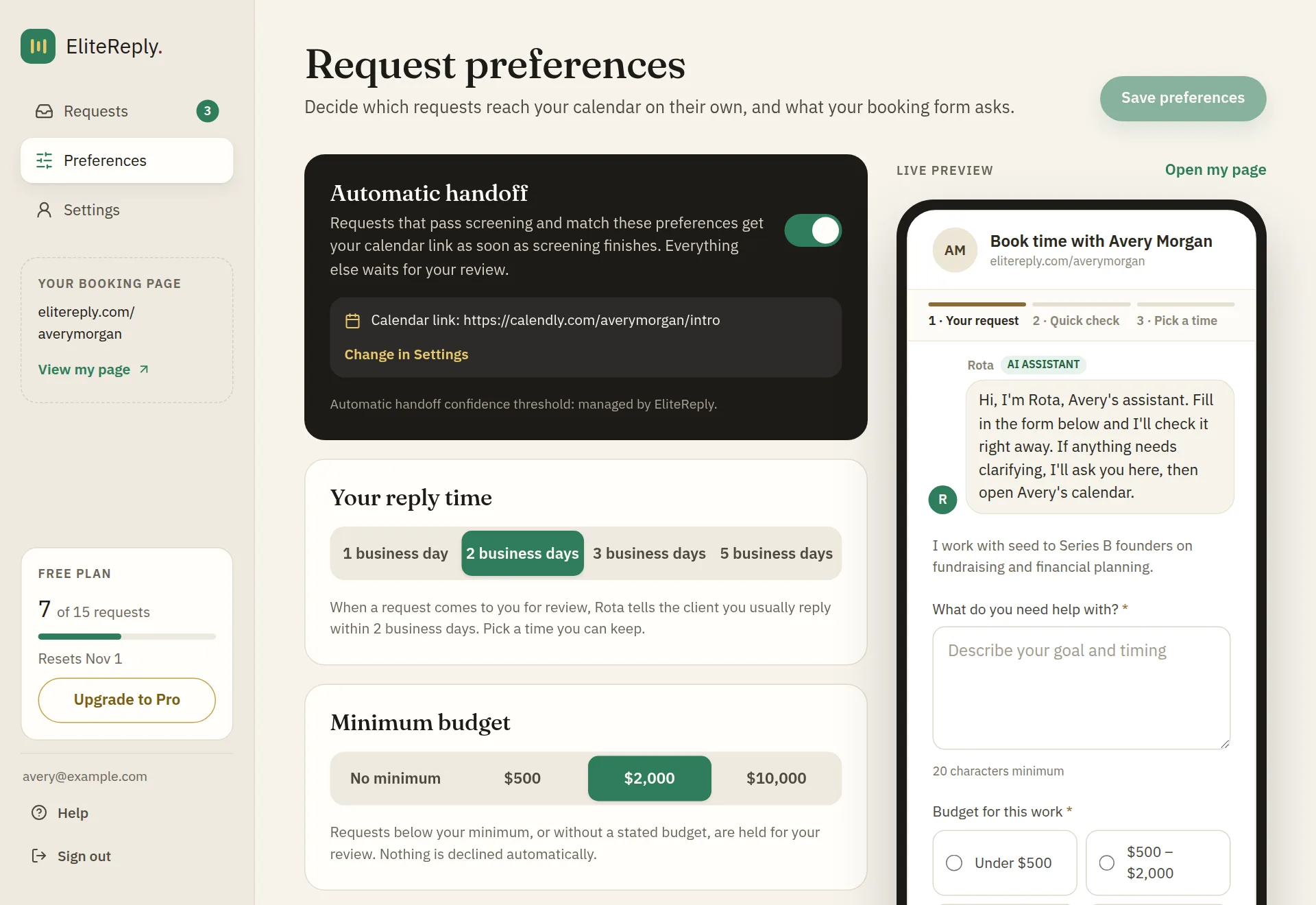 The EliteReply Preferences page: automatic handoff switched on with a Calendly link, a two-business-day reply time, a $2,000 minimum budget, and a live preview of the booking page with Rota.